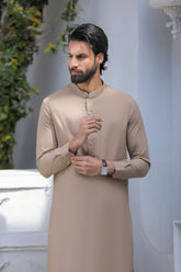 Stitched Blended Kurta With Matching Trouser for Men - Light Brown